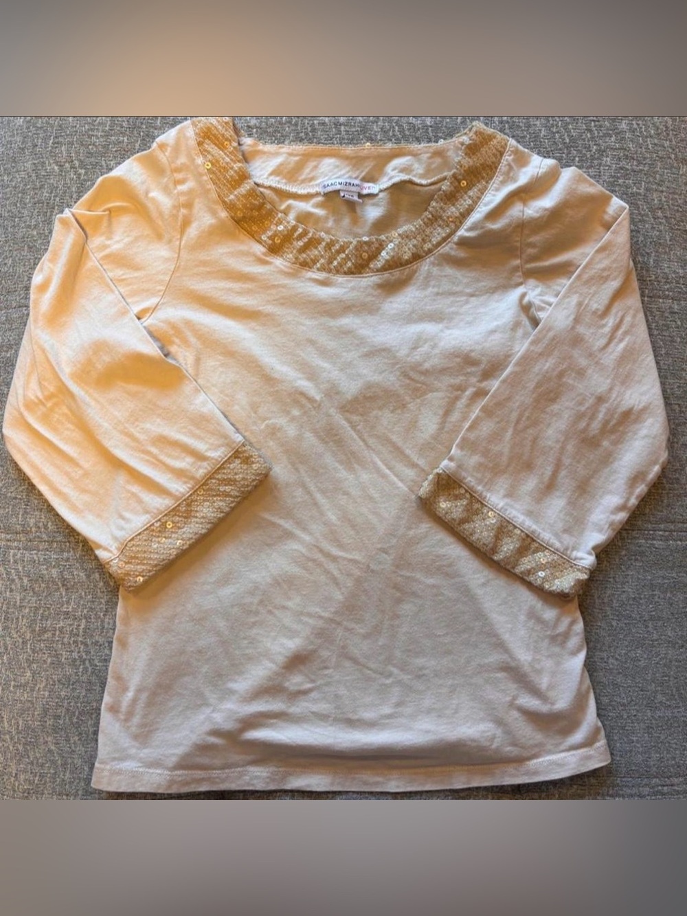 Isaac Mizrahi Cream 3/4 Sleeve Scoop Neck Top with Sequin Trim